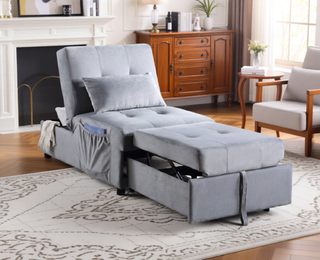 Sunvega Dark Blue Velvet Tufted Solid Wood Lift Top Storage Bench with Pull-out Ottoman