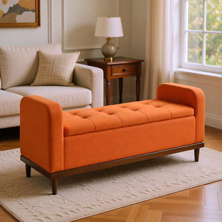 Sunvega Solid Wood Walnut Finish Tufted Dark Gray Upholstered Storage Bench with Lift Top