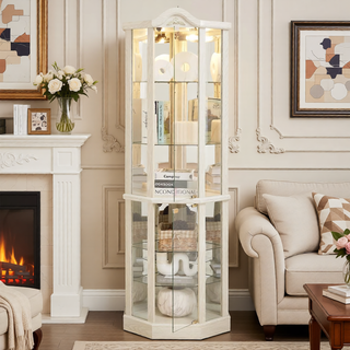 Sunvega Antique Glass Corner Curio Cabinet with Adjustable Shelves and Built-in Light