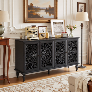 Sunvega Antique Green Buffet Cabinet with Floral Carvings and Solid Wood Legs for Living Room