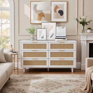Sunvega Modern Natural Rattan 6 Drawer Dresser with Wood Legs for Bedroom Storage