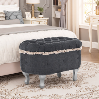 Sunvega Orange Upholstered Button-Tufted Storage Ottoman Bench with Fringe for Bedroom