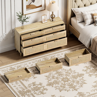 Sunvega 6 Drawer Rattan Dresser with Metal Handle and Wood Legs for Bedroom Storage