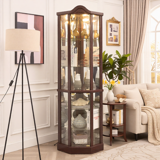 Sunvega Antique Glass Corner Curio Cabinet with Adjustable Shelves and Built-in Light