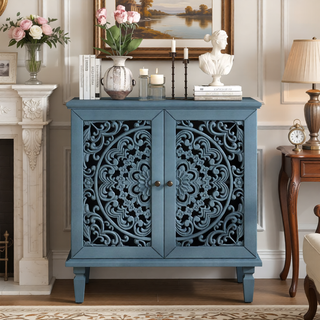 Sunvega Antique Green Buffet Cabinet with Floral Carvings and Solid Wood Legs for Living Room