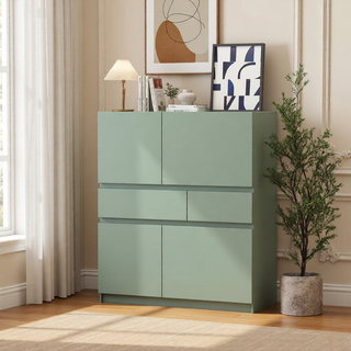 Sunvega White Wooden Storage Cabinet with 4 Doors and 2 Drawers for Living Room