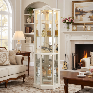 Sunvega Antique Glass Corner Curio Cabinet with Adjustable Shelves and Built-in Light