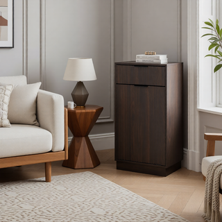 Sunvega Woodgrain Tilt-Out Trash Can Cabinet with Hideaway Drawer and Pull-Out Bin