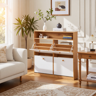 Sunvega 4 Tier Shoe Rack Organizer with Drawer and Two Adjustable White Door Shelves