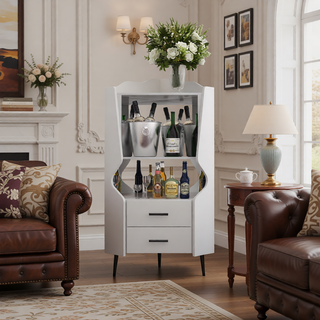 Sunvega Corner Bar Cabinet with Mirrored Back and 2 Drawers for Living Room