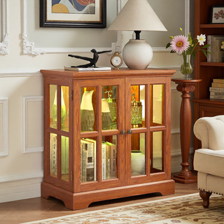 Sunvega Retro LED Curio Display Cabinet with Adjustable Glass Shelves and Magnetic Closure