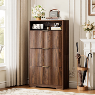 Sunvega Tall Modern Minimalist Shoe Cabinet with Two Flip Drawers and Wave-Patterned Panel