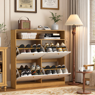 Sunvega 4 Tier Shoe Rack Organizer with Drawer and Two Adjustable White Door Shelves