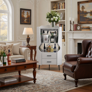 Sunvega Corner Bar Cabinet with Mirrored Back and 2 Drawers for Living Room