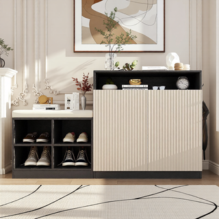 Sunvega Entryway Cabinet with Shoe Bench, 3-Tier Adjustable Shelves and Wavy Slatted Door