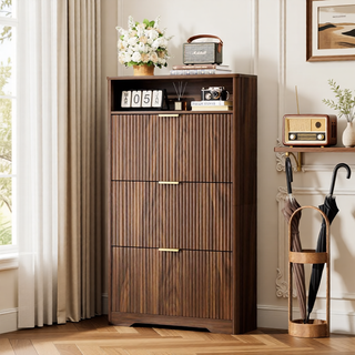 Sunvega Tall Modern Minimalist Shoe Cabinet with Two Flip Drawers and Wave-Patterned Panel