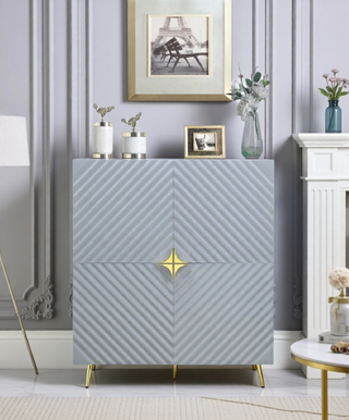 Sunvega Gaines Gray High Gloss Finish Nightstand with 2 Storage Drawers and Metal Legs