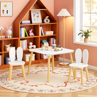 Sunvega Kids Table and 2 Chairs Set Wooden Activity Play Table with Bear and Tiger Design