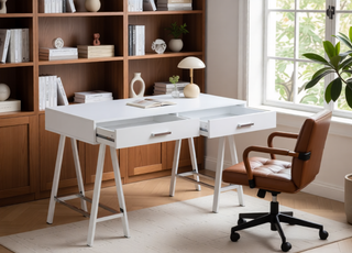 Sunvega Black High Gloss Writing Desk with USB Port and Two Storage Drawers
