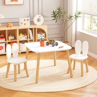 Sunvega Kids Table and 2 Chairs Set Wooden Activity Play Table with Bear and Tiger Design