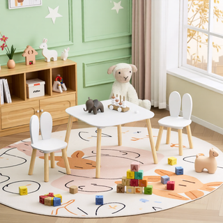 Sunvega Kids Table and 2 Chairs Set Wooden Activity Play Table with Bear and Tiger Design