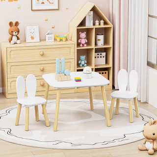 Sunvega Kids Table and 2 Chairs Set Wooden Activity Play Table with Bear and Tiger Design