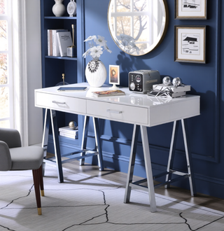 Sunvega Black High Gloss Writing Desk with USB Port and Two Storage Drawers