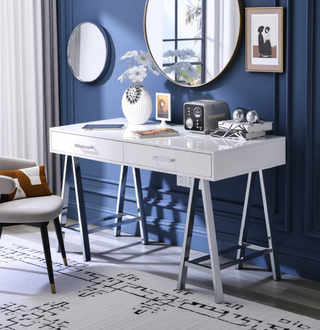 Sunvega Black High Gloss Writing Desk with USB Port and Two Storage Drawers