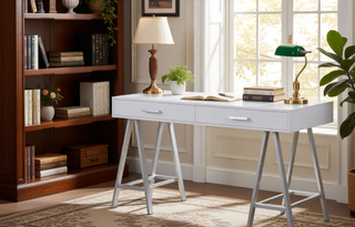 Sunvega Black High Gloss Writing Desk with USB Port and Two Storage Drawers