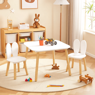 Sunvega Kids Table and 2 Chairs Set Wooden Activity Play Table with Bear and Tiger Design