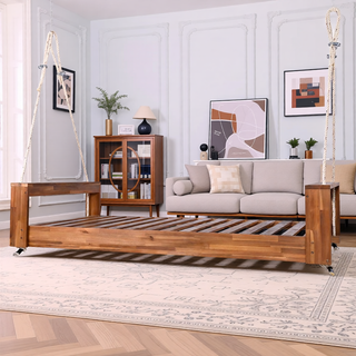 Sunvega Twin Size Acacia Wood Porch Swing Bed with Hemp Ropes for Garden