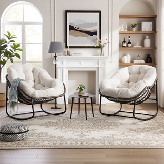 Sunvega Oversized Outdoor Rattan Rocking Chair with Padded Cushion and Steel Frame