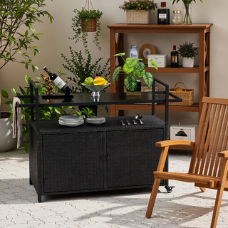 Sunvega Outdoor Wicker Bar Cart with Glass Top and Wheels for Patio Backyard Party