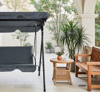 Sunvega Outdoor Porch Swing Chair with Canopy Table and Cup Holders for Two Adults