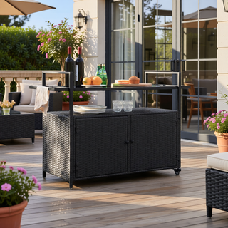Sunvega Outdoor Wicker Bar Cart with Glass Top and Wheels for Patio Backyard Party