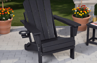 Sunvega Folding Adirondack Chair Set with Wood Texture and Side Table in Navy Blue