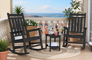 Sunvega All Weather-resistant Black Rocking Chair Set with Wood-Texture and Side Table
