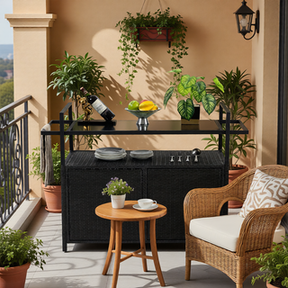 Sunvega Outdoor Wicker Bar Cart with Glass Top and Wheels for Patio Backyard Party