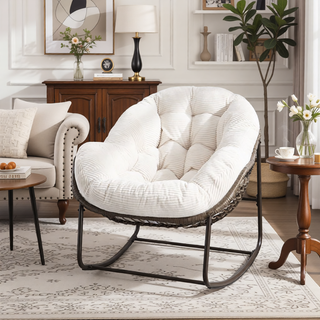 Sunvega Oversized Outdoor Rattan Rocking Chair with Padded Cushion and Steel Frame