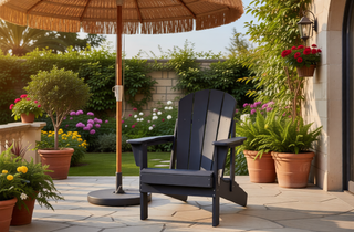 Sunvega Folding Adirondack Chair Set with Wood Texture and Side Table in Navy Blue