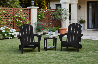 Sunvega Folding Adirondack Chair Set with Wood Texture and Side Table in Navy Blue