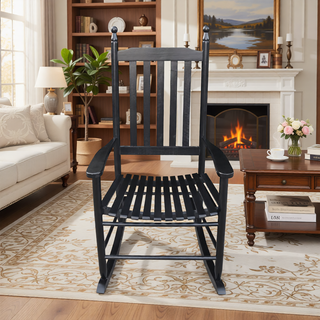 Sunvega Black Painted Populus Wood Porch Rocker Chair with Wide Seat