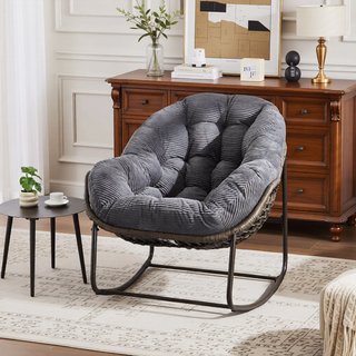 Sunvega Oversized Outdoor Rattan Rocking Chair with Padded Cushion and Steel Frame