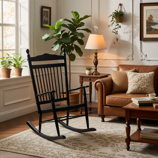Sunvega Black Painted Populus Wood Porch Rocker Chair with Wide Seat
