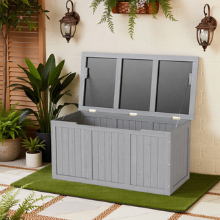 Sunvega 67 Gallon Outdoor Wooden Deck Box with Seat and Table Top