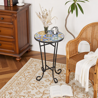 Sunvega Brown and Black Ceramic Side Table with Slatted Shelf for Patio