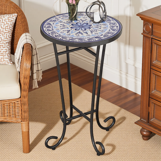 Sunvega Brown and Black Ceramic Side Table with Slatted Shelf for Patio