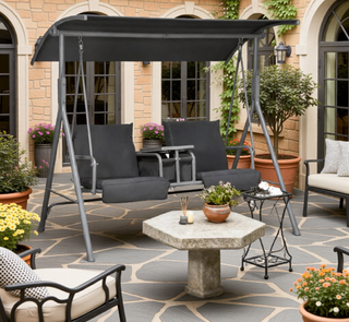 Sunvega Outdoor Porch Swing Chair with Canopy Table and Cup Holders for Two Adults