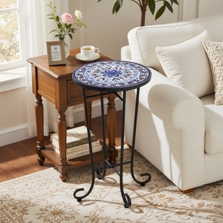 Sunvega Brown and Black Ceramic Side Table with Slatted Shelf for Patio
