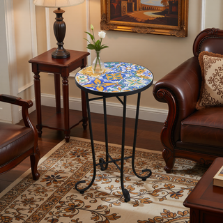 Sunvega Brown and Black Ceramic Side Table with Slatted Shelf for Patio